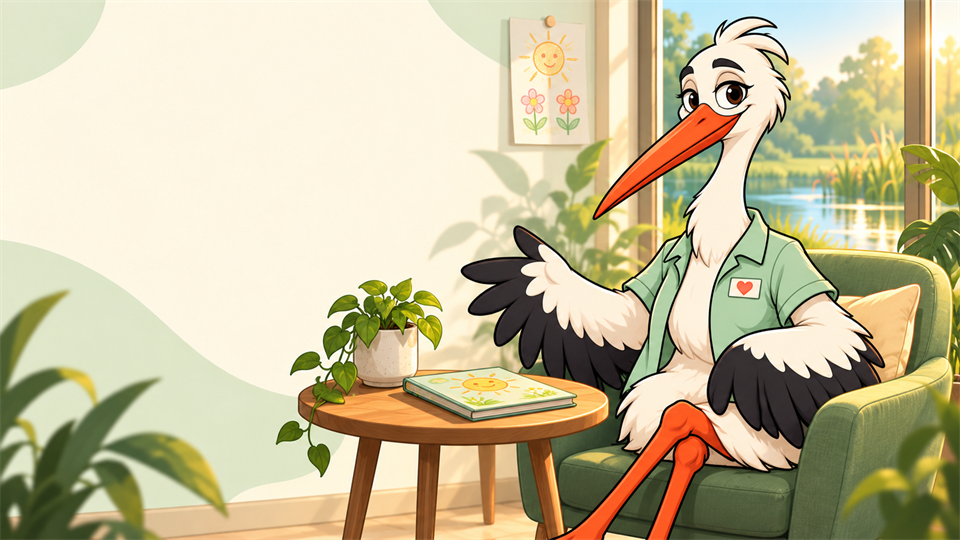 The complete warm STORK SHIFT stork mascot in a bright, welcoming room