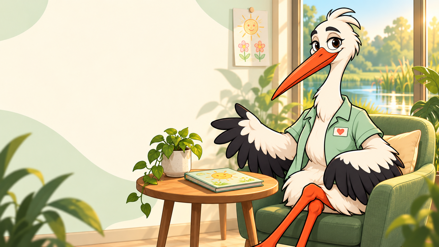 The warm STORK SHIFT stork mascot seated in a bright, welcoming room