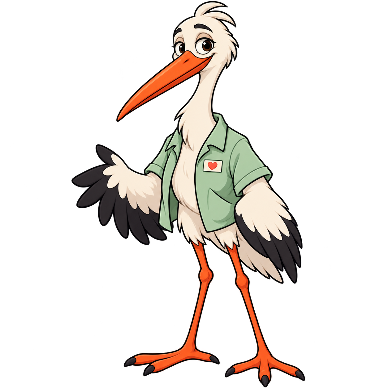 The friendly STORK SHIFT stork mascot wearing a mint-green shirt with a heart badge